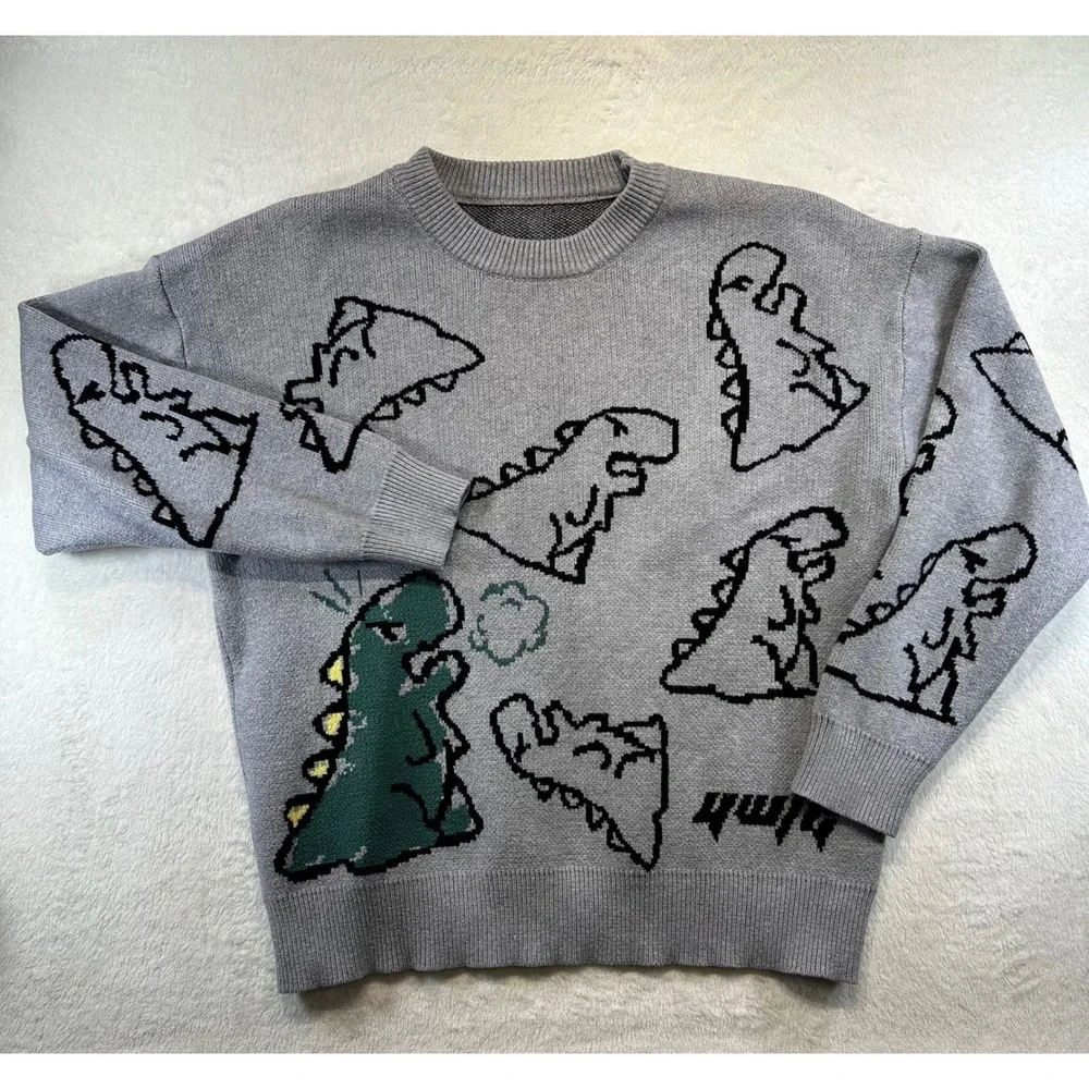 Kidcore Dinosaur Graphic Knit Sweater Large Grey Streetwear Indie Quirky Retro - Picture 1 of 6